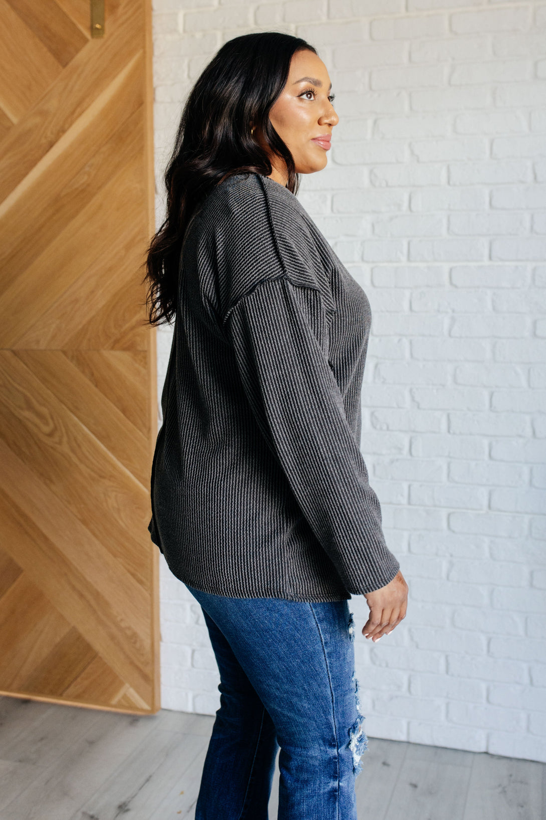 Kinda Sorta Ribbed Top in Charcoal - Lavish Fix