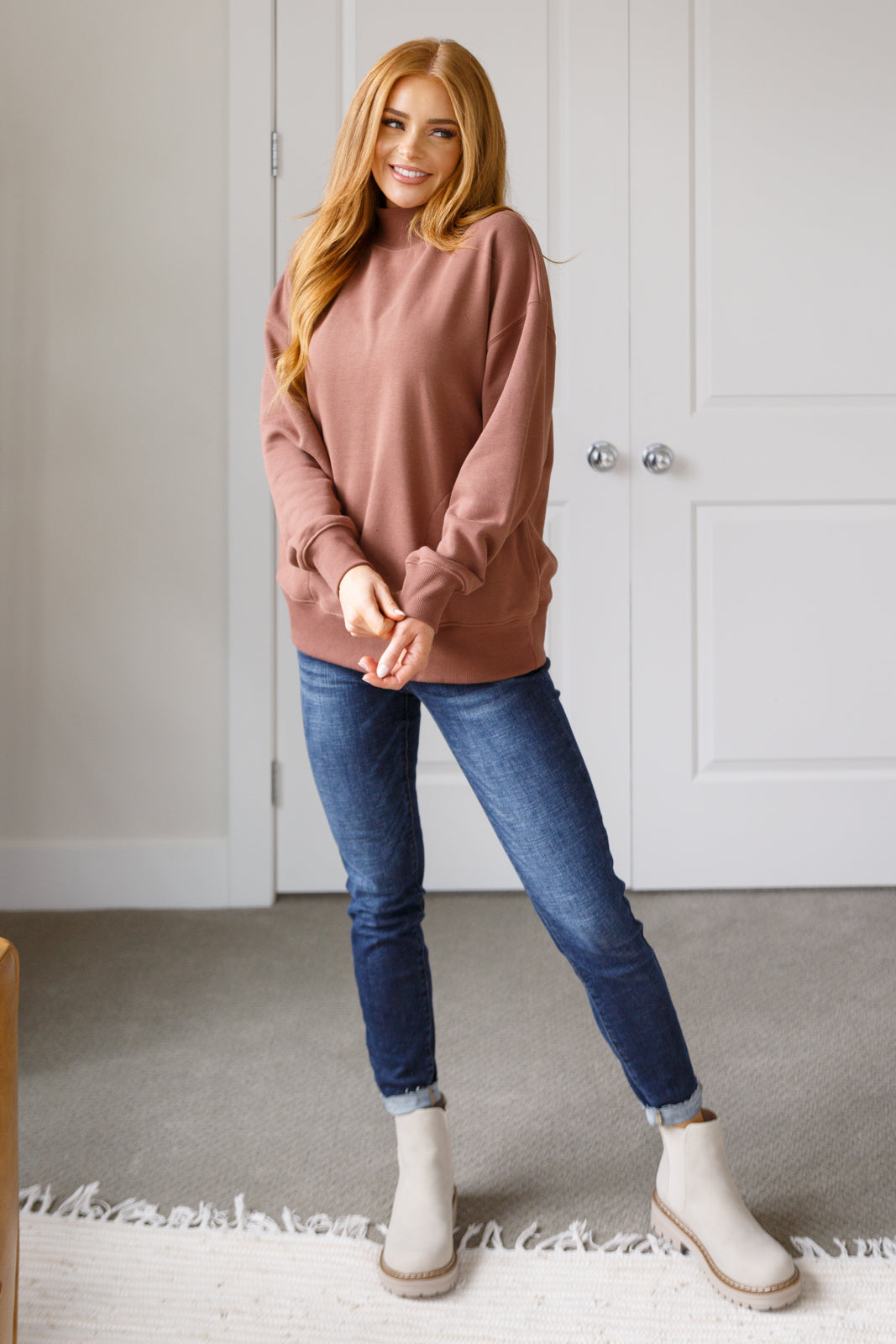 Make No Mistake Mock Neck Pullover in Cocoa - Lavish Fix