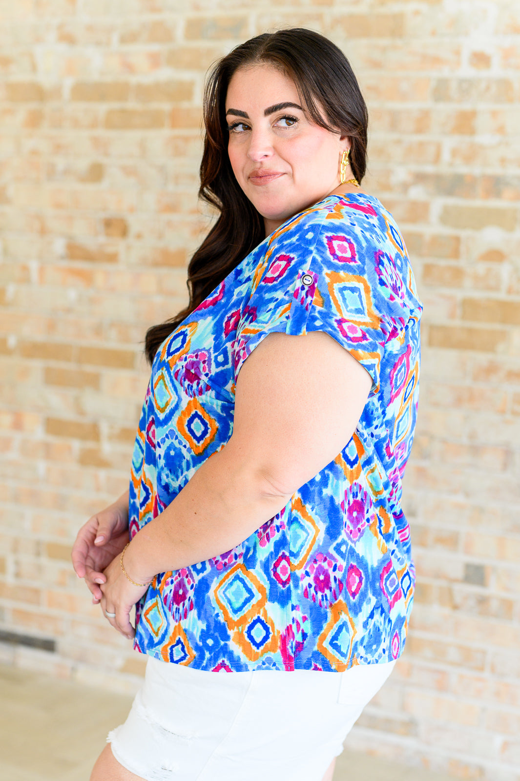 Lizzy Cap Sleeve Top in Blue and Magenta Ikat - Lavish Fix