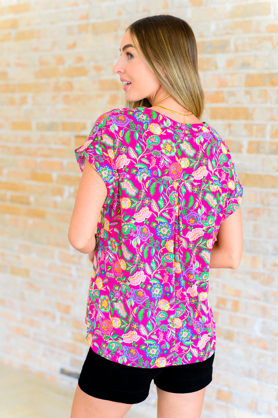 Lizzy Cap Sleeve Top in Fuchsia and Green Floral Paisley - Lavish Fix