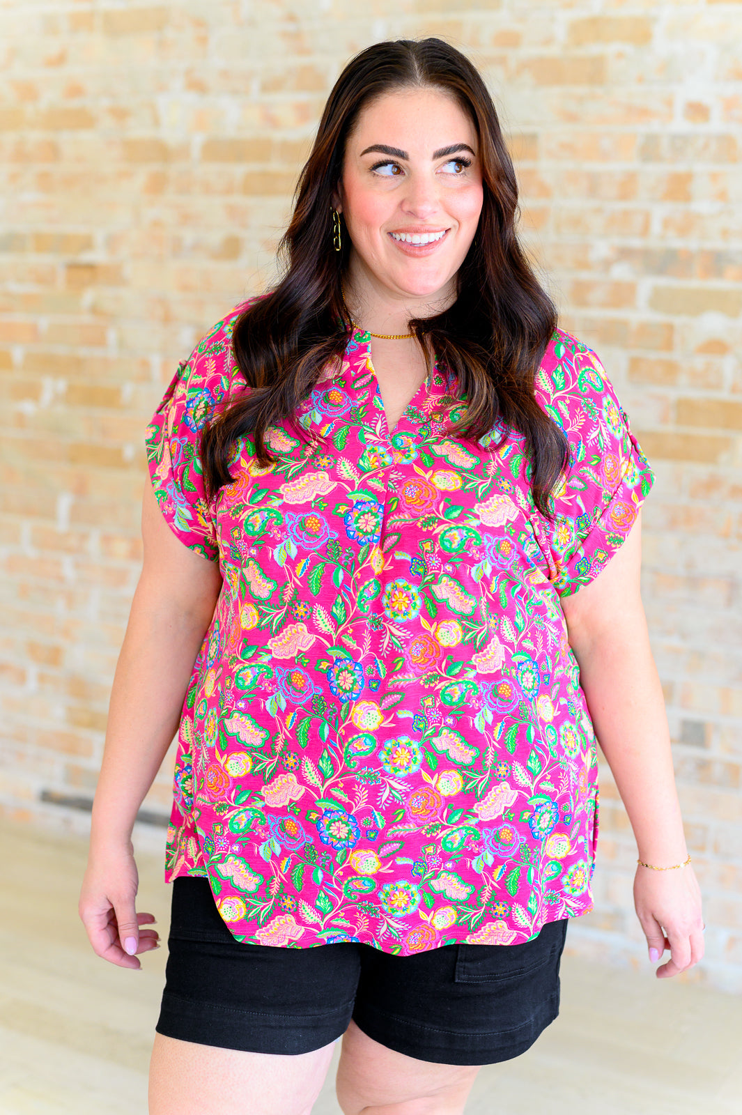 Lizzy Cap Sleeve Top in Fuchsia and Green Floral Paisley - Lavish Fix