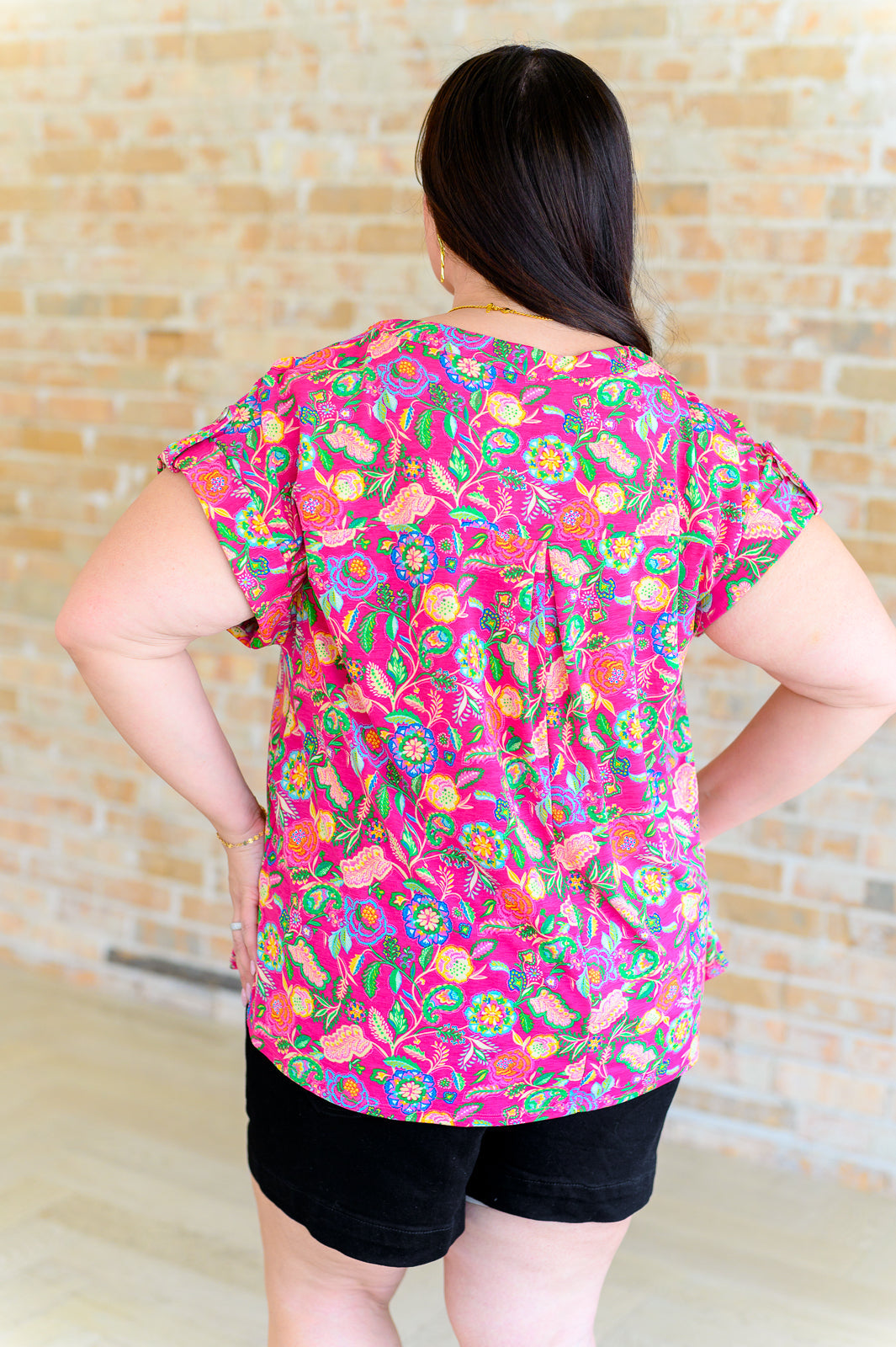 Lizzy Cap Sleeve Top in Fuchsia and Green Floral Paisley - Lavish Fix