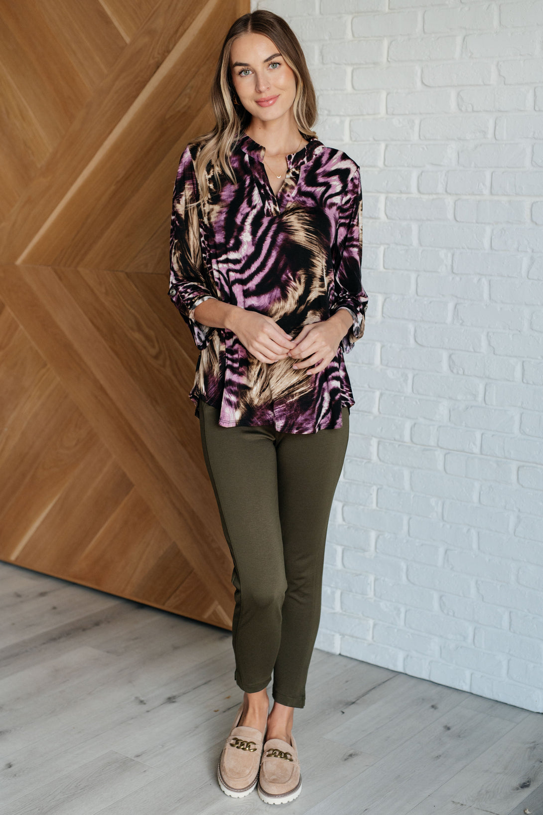 Lizzy Top in Purple and Taupe Animal Print - Lavish Fix