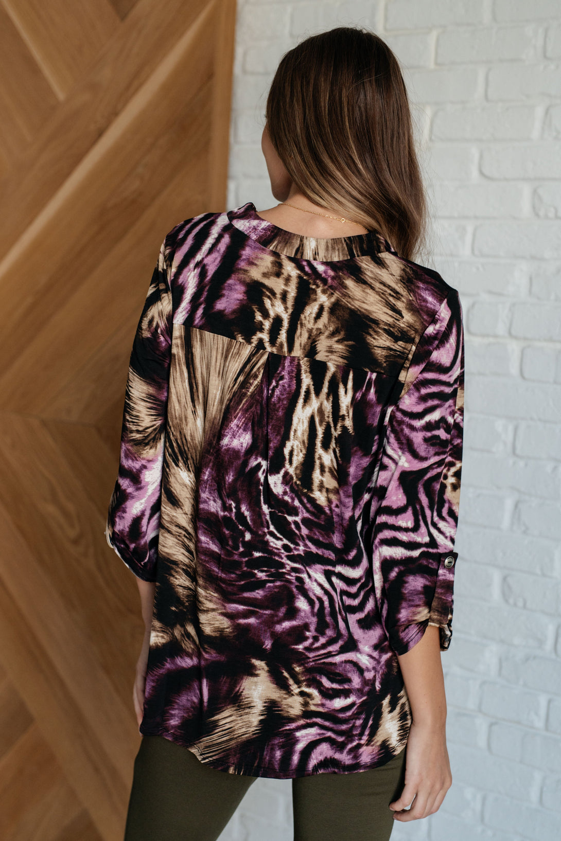 Lizzy Top in Purple and Taupe Animal Print - Lavish Fix