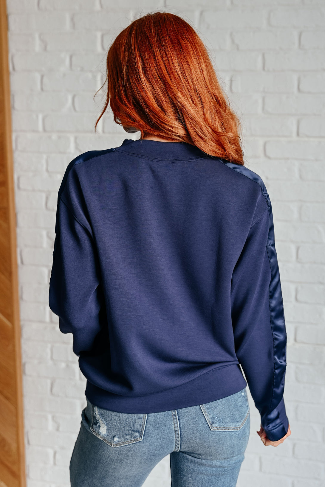 Lysa Satin Stripe Pullover in Smoky Navy - Lavish Fix