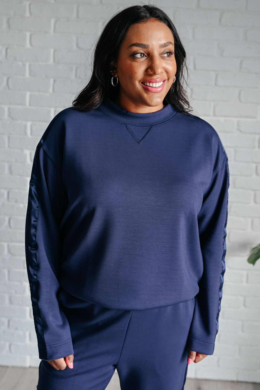 Lysa Satin Stripe Pullover in Smoky Navy - Lavish Fix