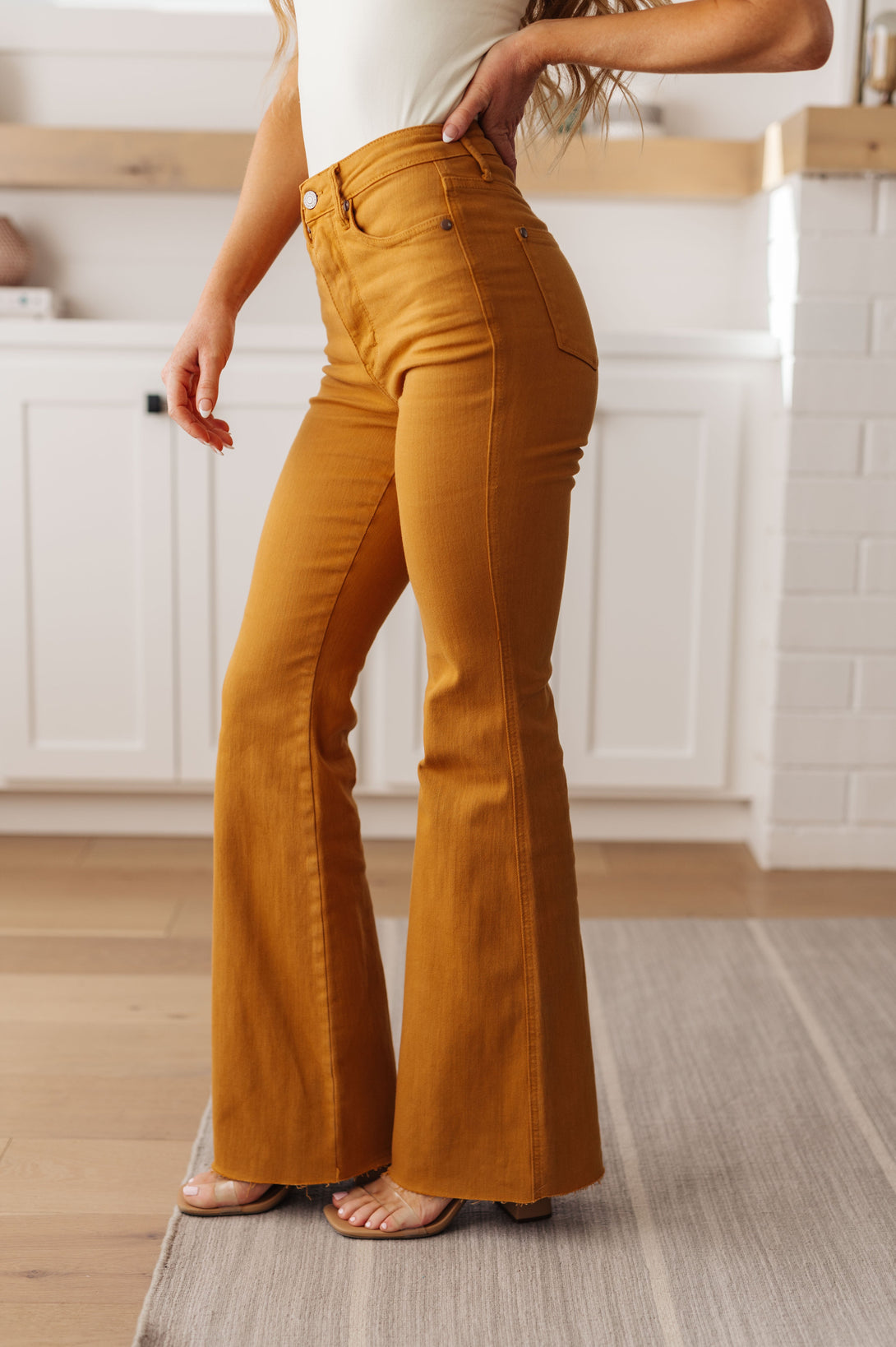 Melinda High Rise Control Top Flare Jeans in Marigold - Lavish Fix