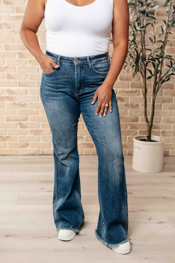 Miley High Waist Control Top Frayed Hem Flare Jeans - Lavish Fix