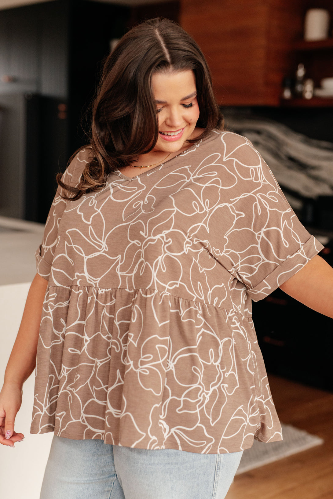 Mocha Petals V-Neck Top - Lavish Fix