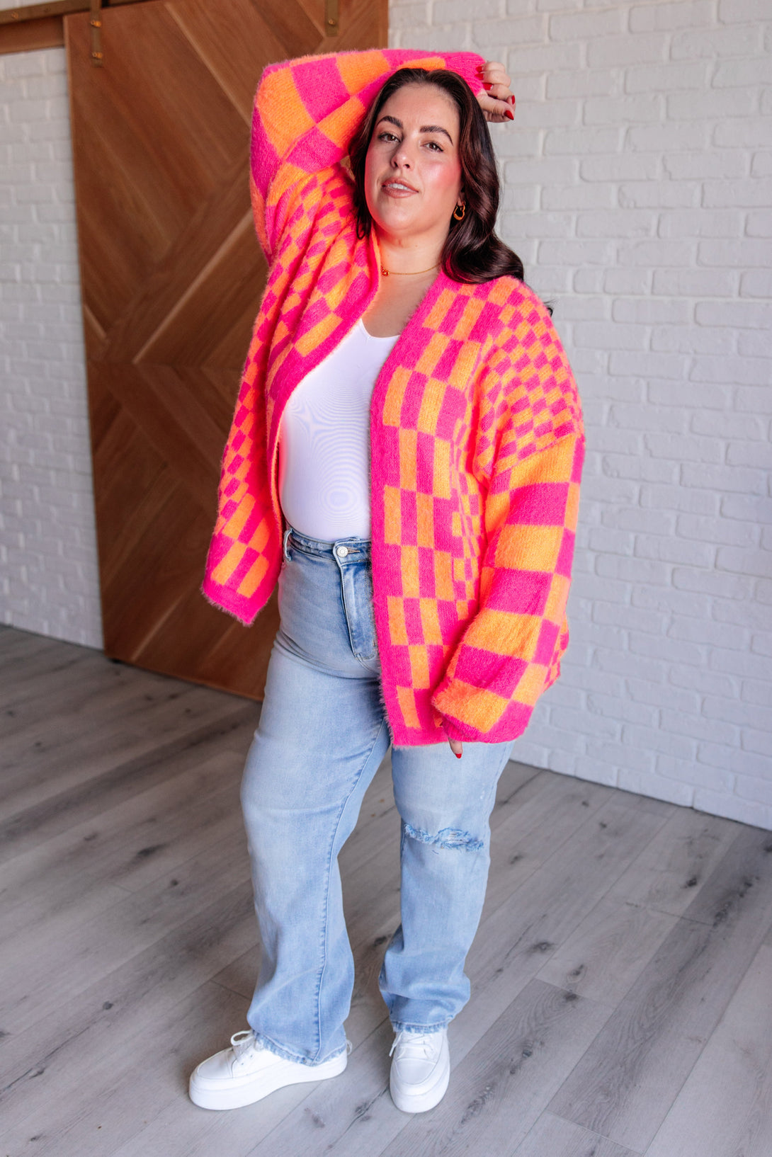 Noticed in Neon Checkered Cardigan in Pink and Orange - Lavish Fix