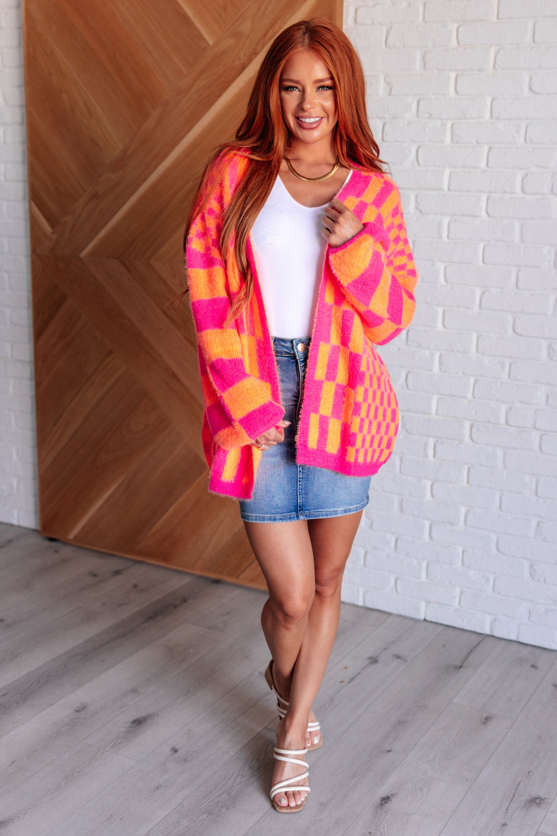 Noticed in Neon Checkered Cardigan in Pink and Orange - Lavish Fix