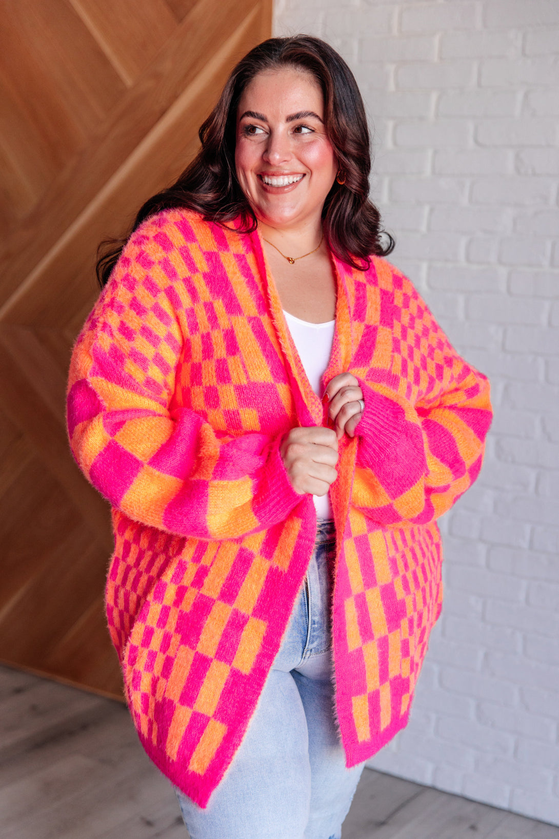 Noticed in Neon Checkered Cardigan in Pink and Orange - Lavish Fix