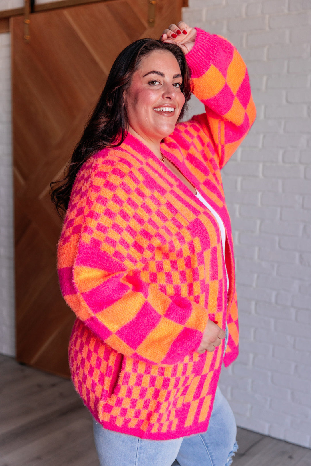 Noticed in Neon Checkered Cardigan in Pink and Orange - Lavish Fix