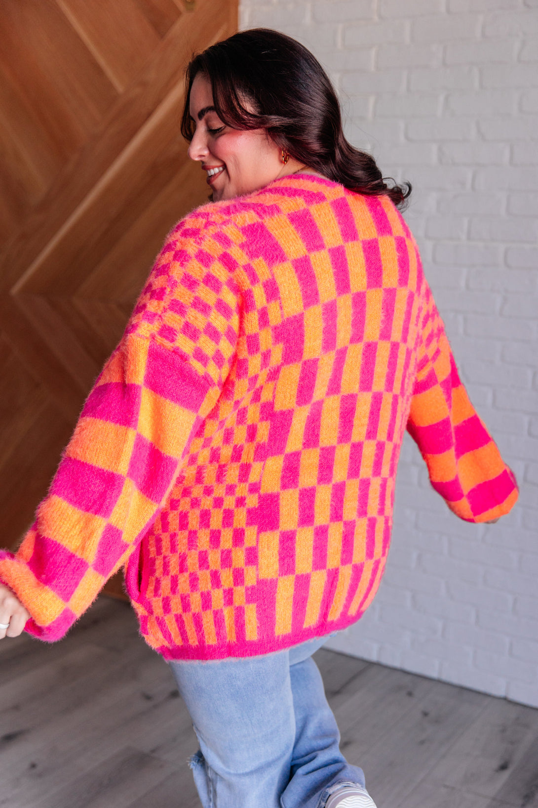 Noticed in Neon Checkered Cardigan in Pink and Orange - Lavish Fix