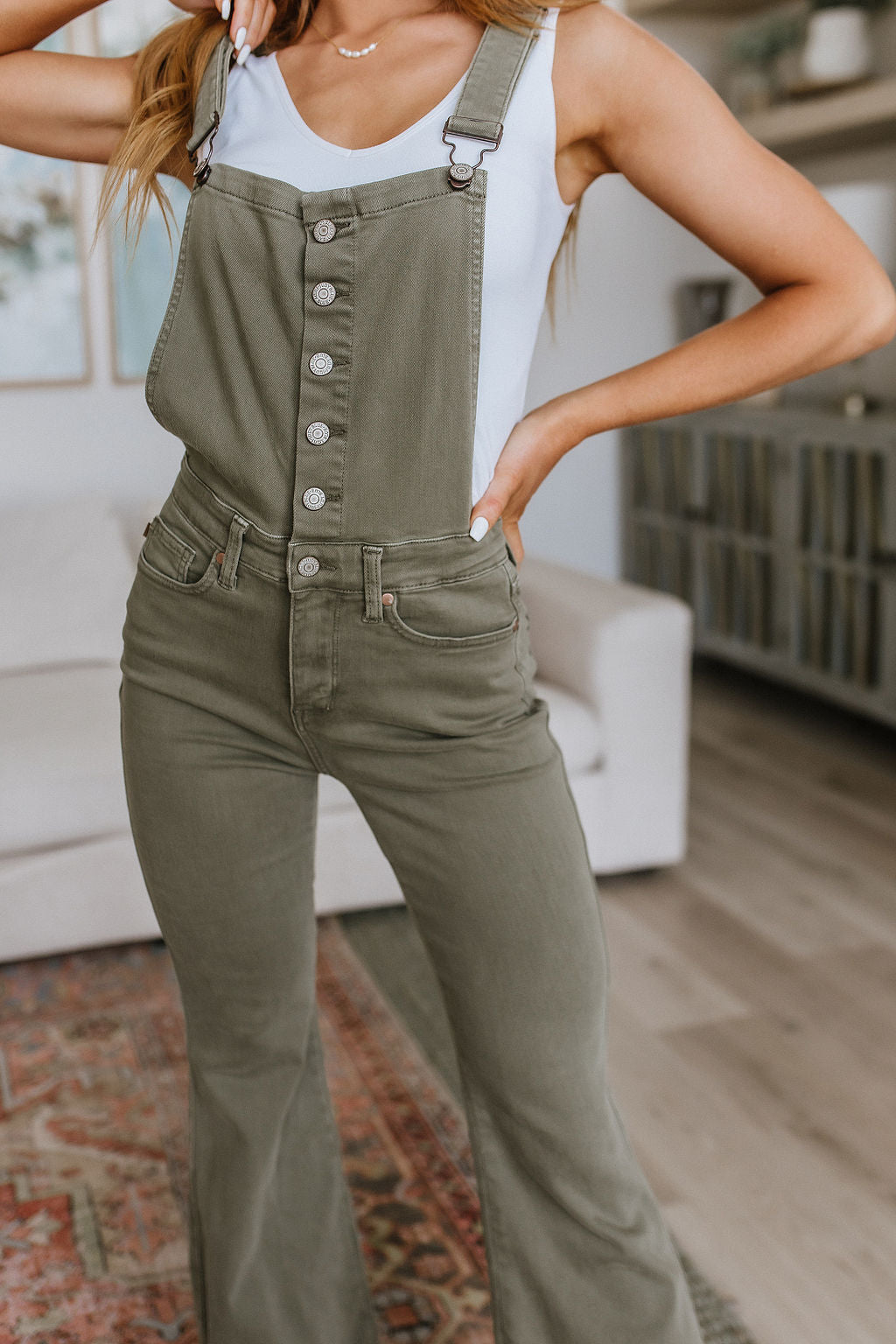 Olivia Control Top Release Hem Overalls in Olive - Lavish Fix