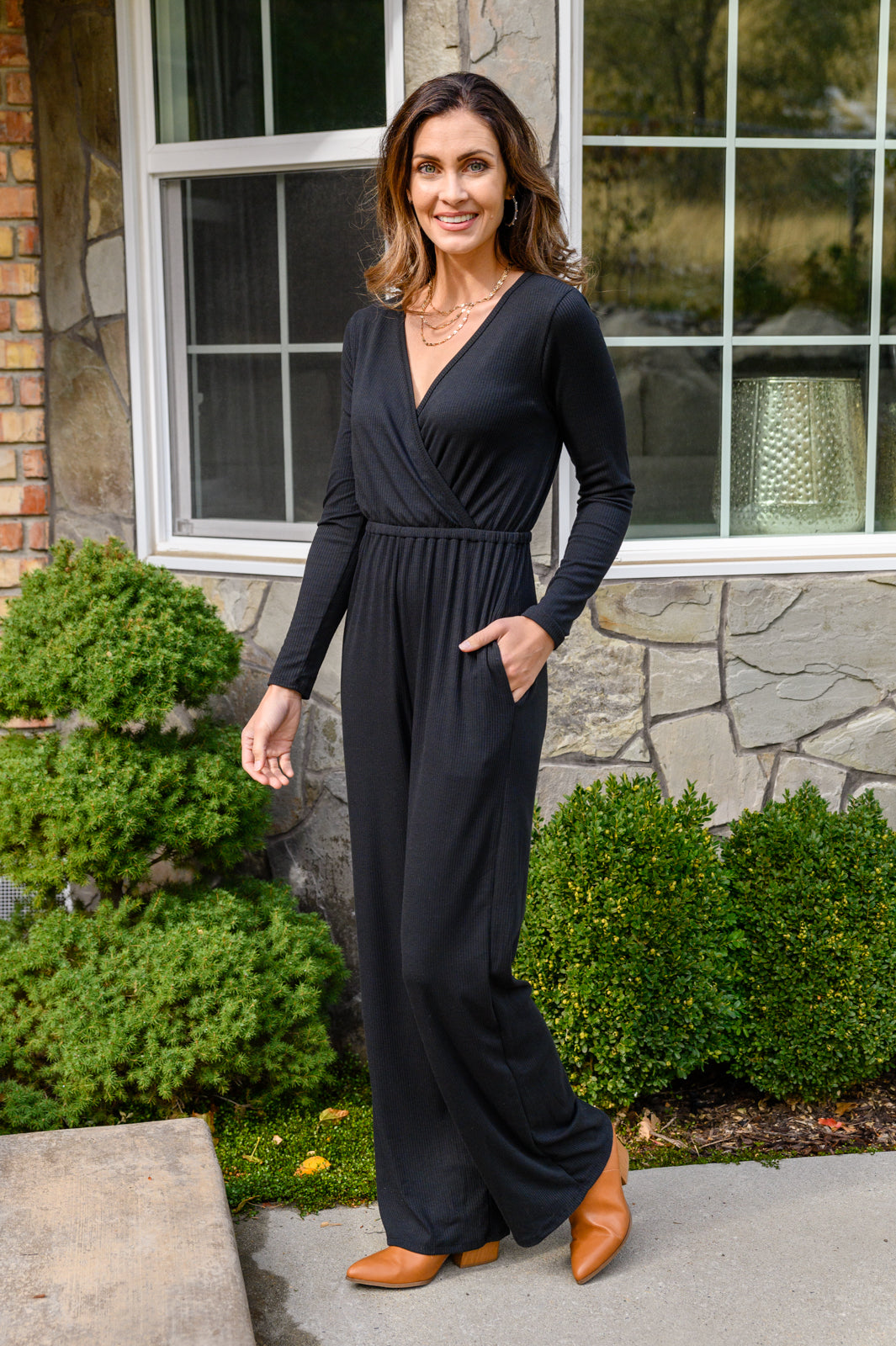 Onward & Upward Faux Wrap Jumpsuit In Black - Lavish Fix