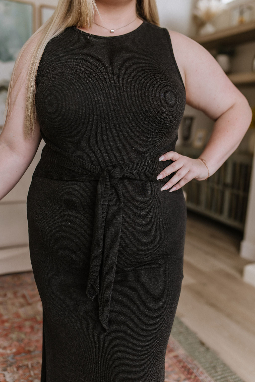 Out on the Town Tie Detail Midi Dress in Charcoal - Lavish Fix