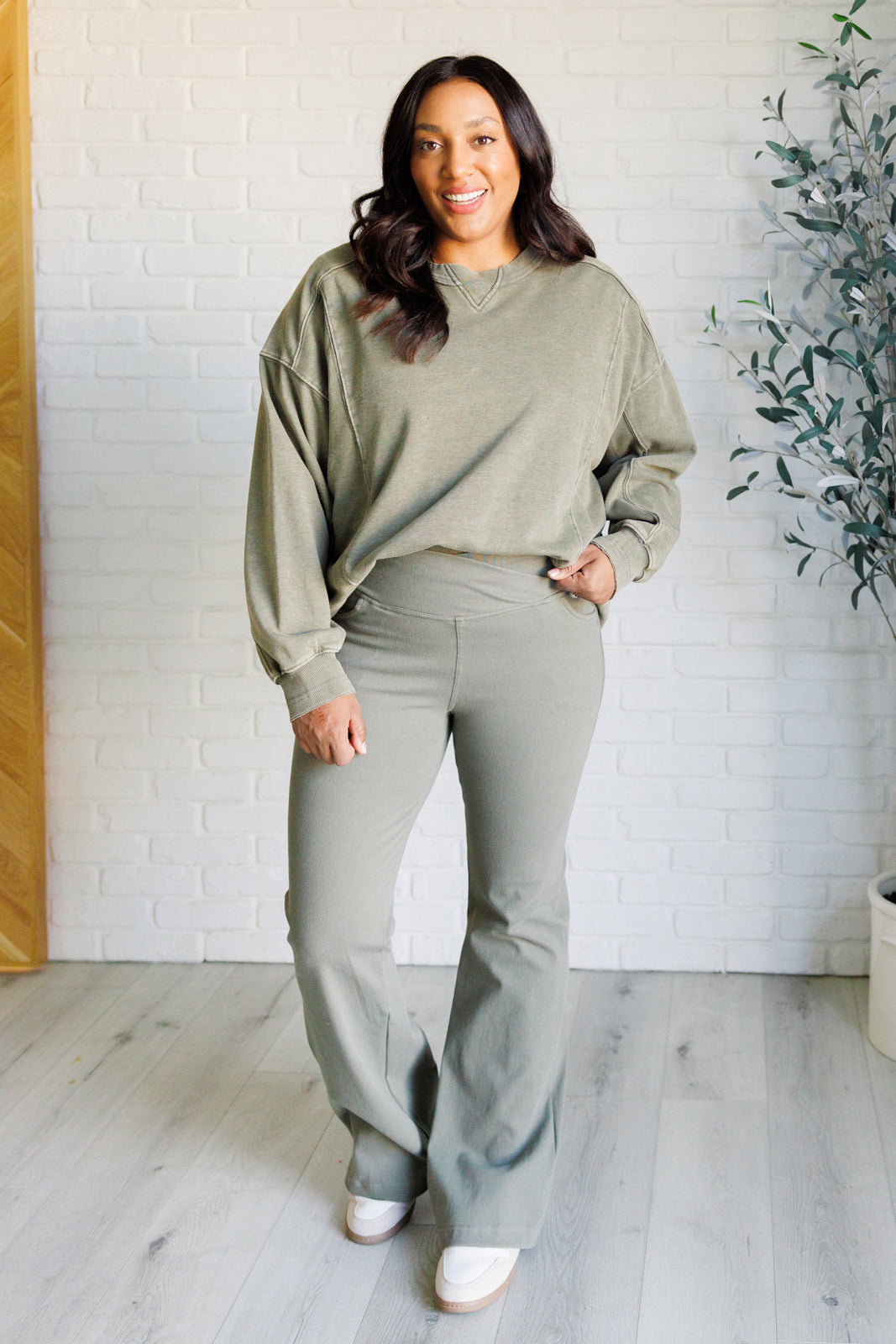 Quick Fix Mineral Wash Crew Neck Pullover in Army Green - Lavish Fix