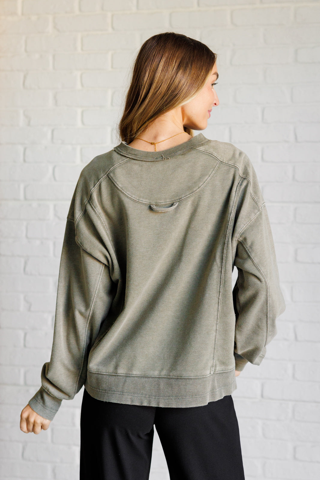 Quick Fix Mineral Wash Crew Neck Pullover in Army Green - Lavish Fix