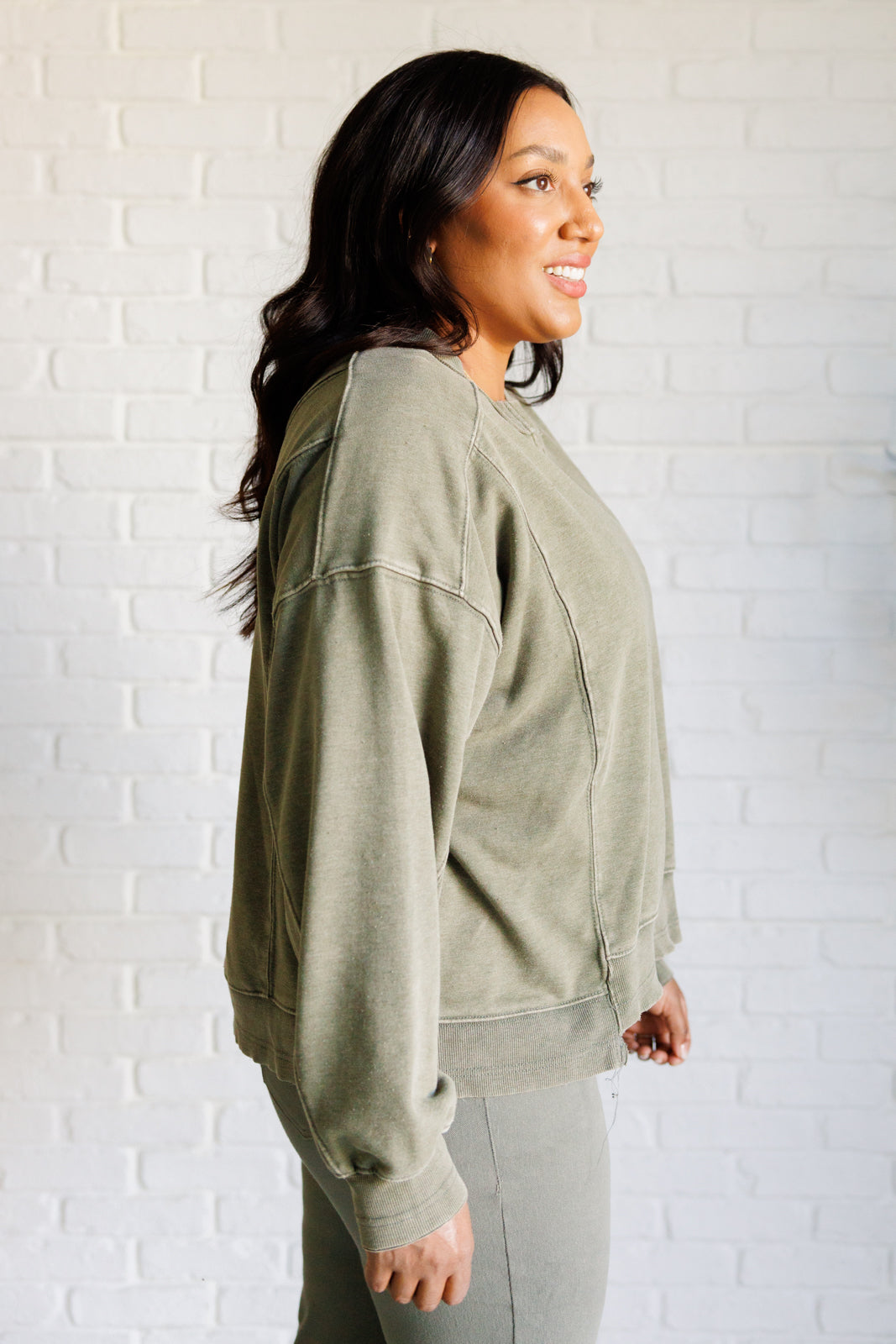 Quick Fix Mineral Wash Crew Neck Pullover in Army Green - Lavish Fix