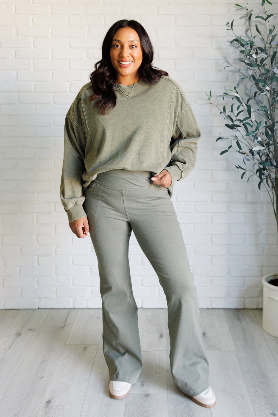 Building Habits Twill Flared Crossover Waist Pant in Dusty Olive - Lavish Fix