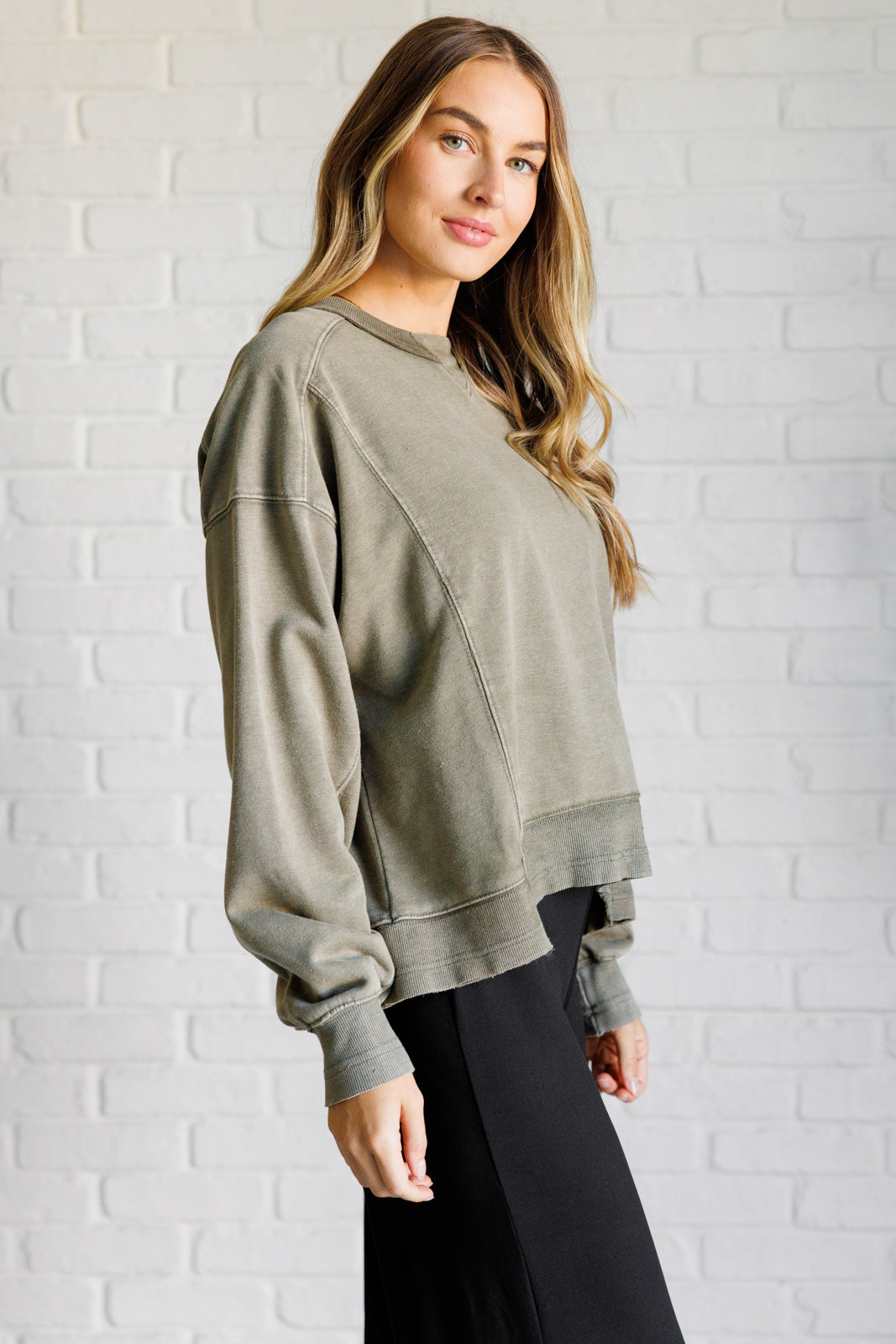 Quick Fix Mineral Wash Crew Neck Pullover in Army Green - Lavish Fix