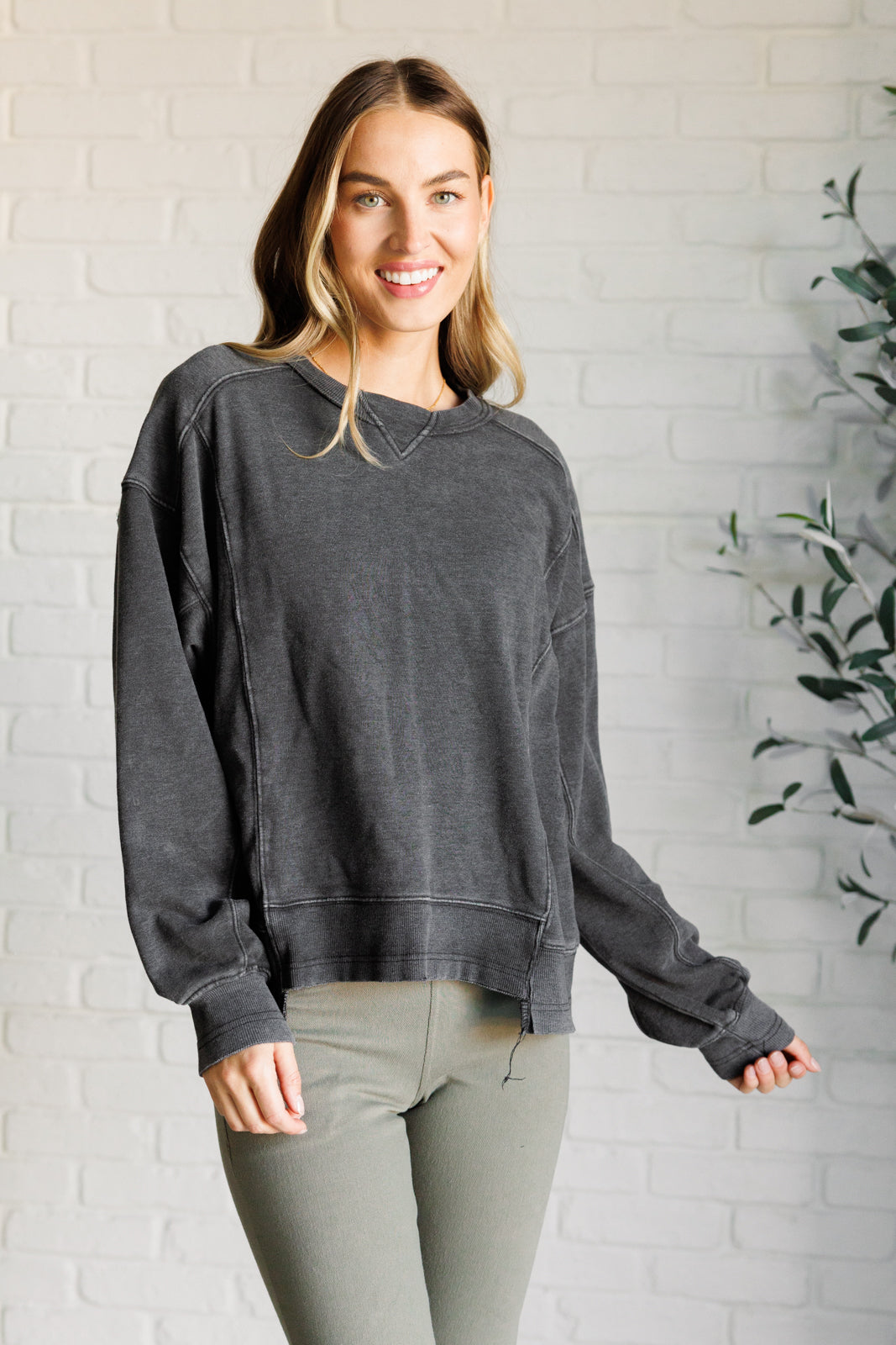 Quick Fix Mineral Wash Crew Neck Pullover in Black - Lavish Fix