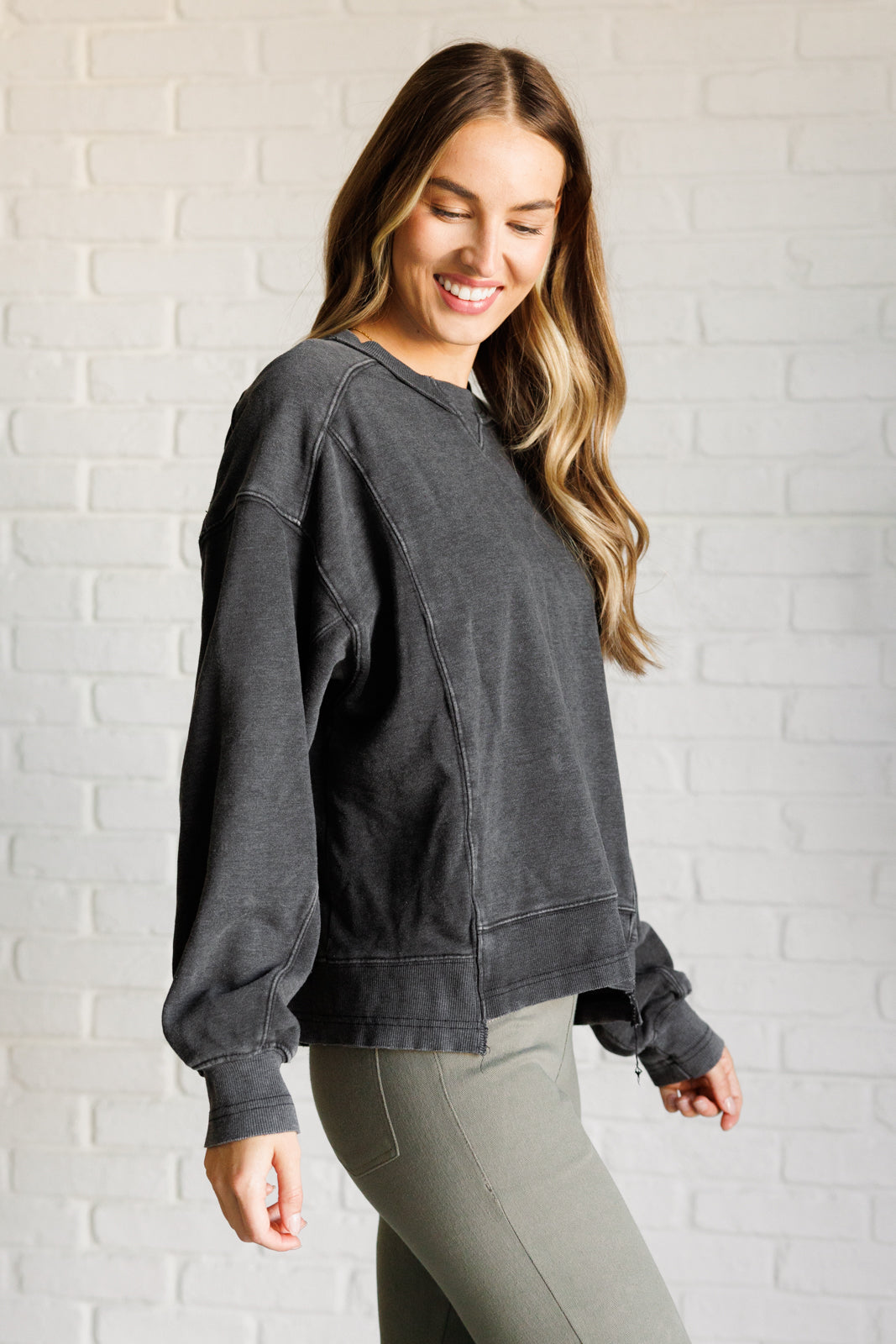 Quick Fix Mineral Wash Crew Neck Pullover in Black - Lavish Fix