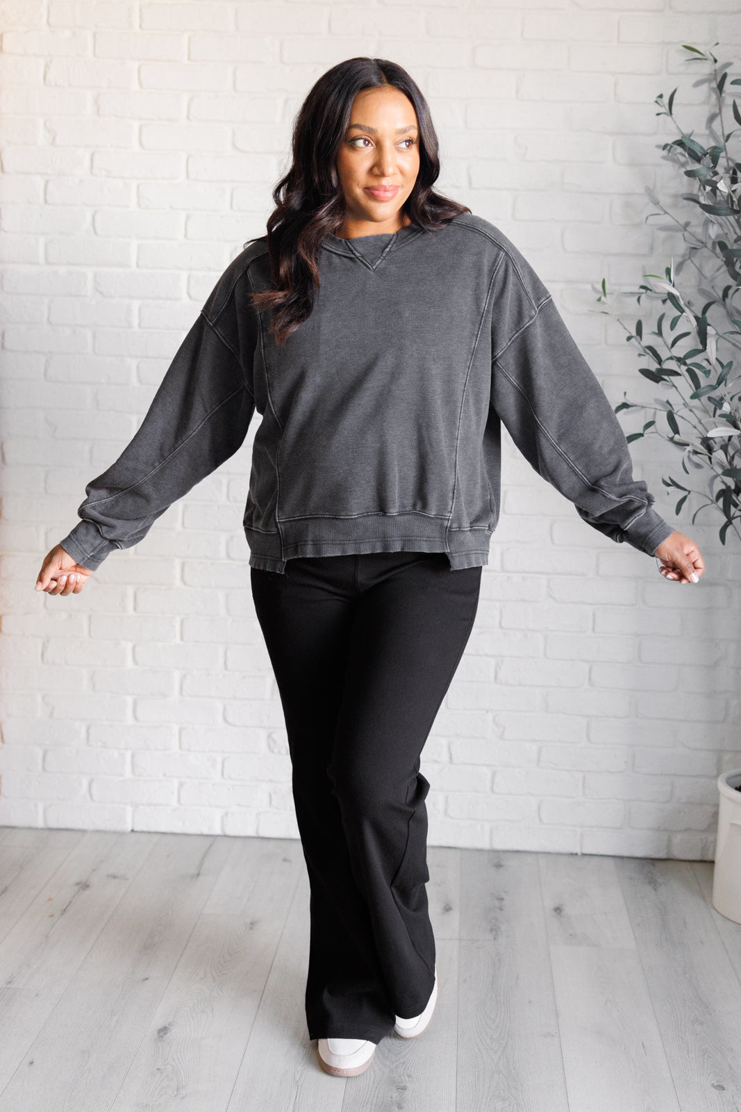 Quick Fix Mineral Wash Crew Neck Pullover in Black - Lavish Fix