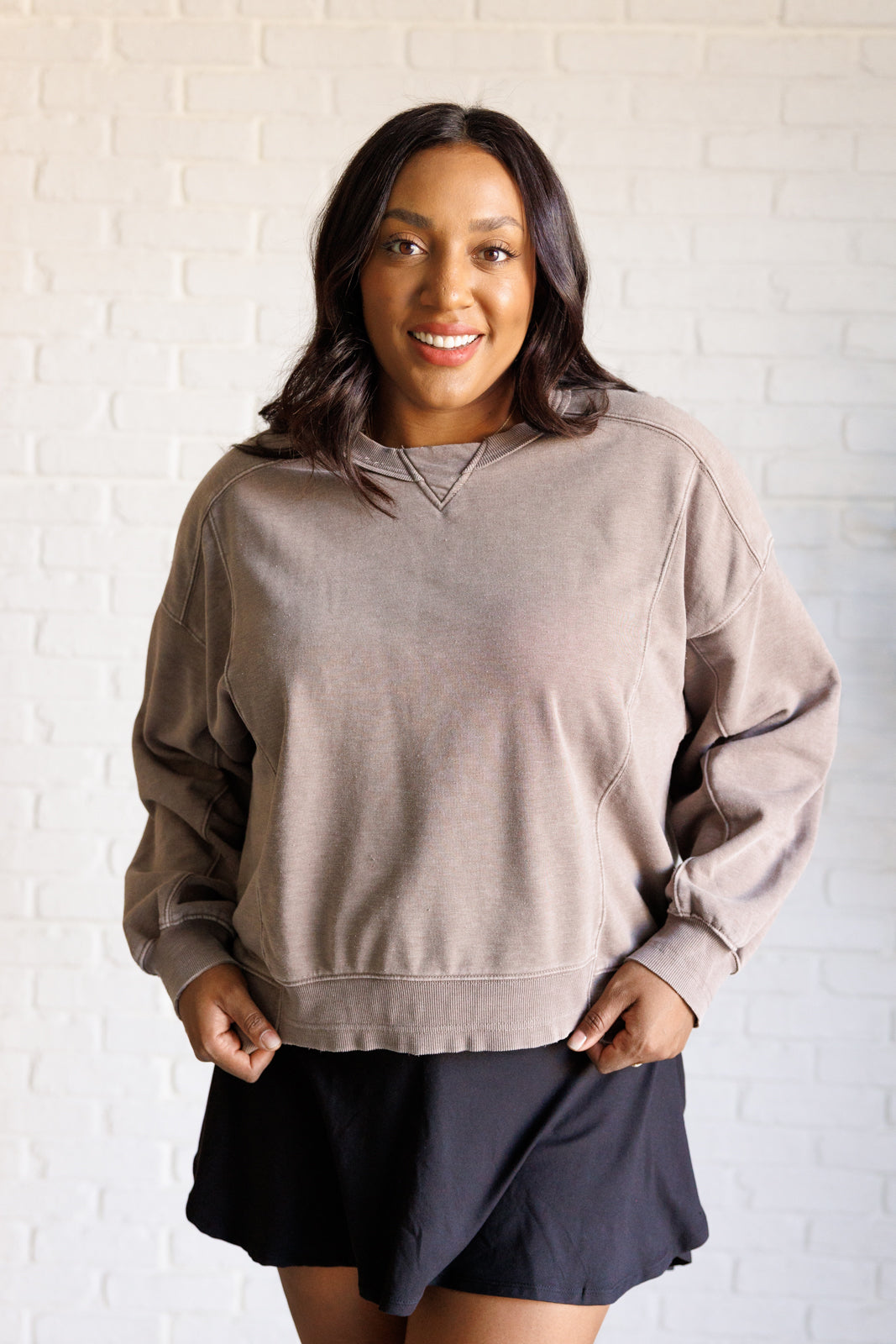 Quick Fix Mineral Wash Crew Neck Pullover in Mocha - Lavish Fix