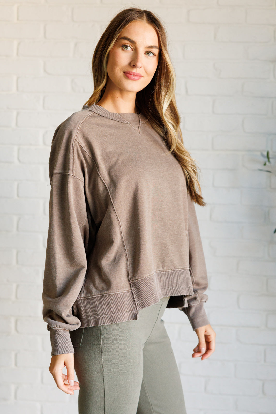 Quick Fix Mineral Wash Crew Neck Pullover in Mocha - Lavish Fix