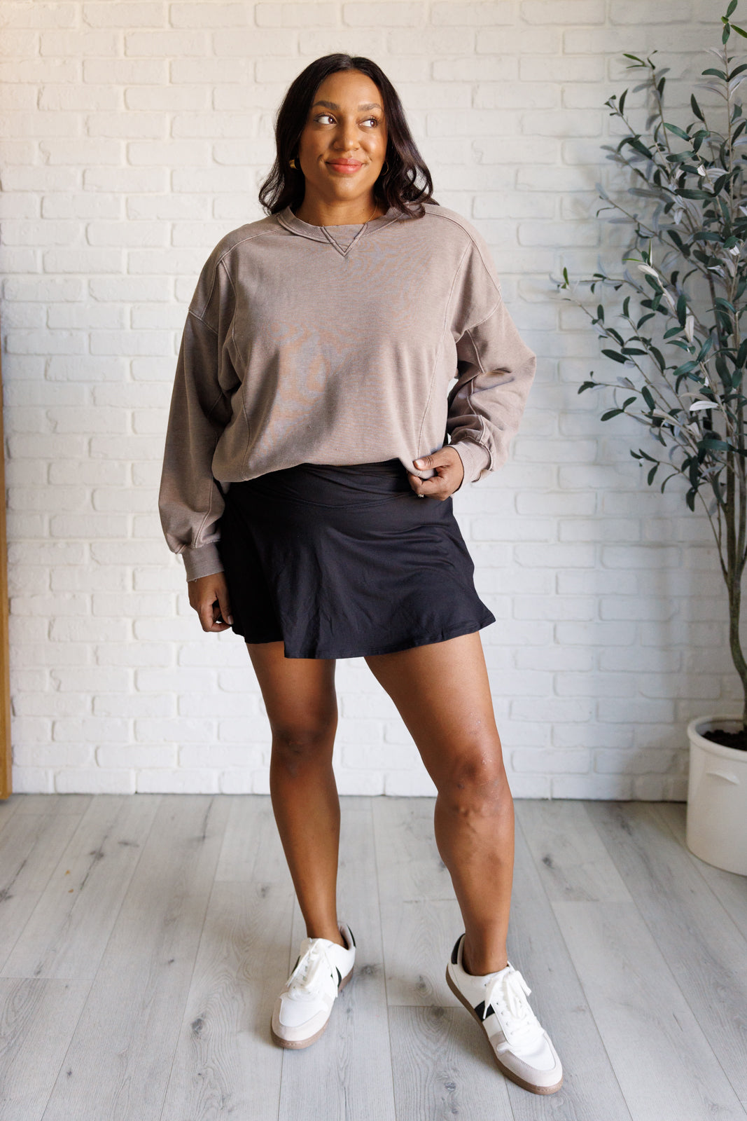 Quick Fix Mineral Wash Crew Neck Pullover in Mocha - Lavish Fix