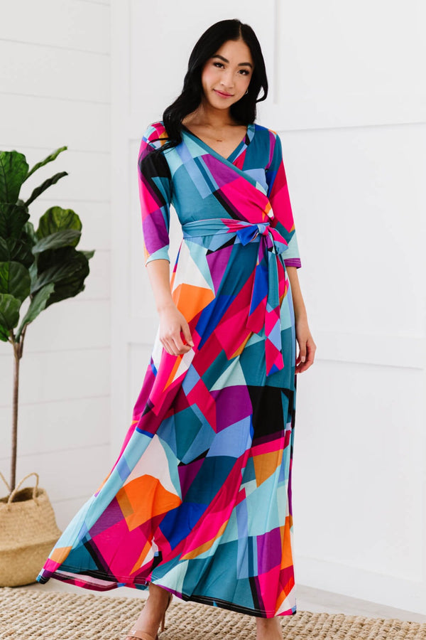 Geometric Tie-Waist Faux Wrap Maxi Dress