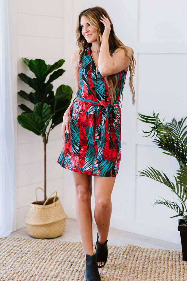 Tropical Zip-Front Tie-Waist Sleeveless Dress