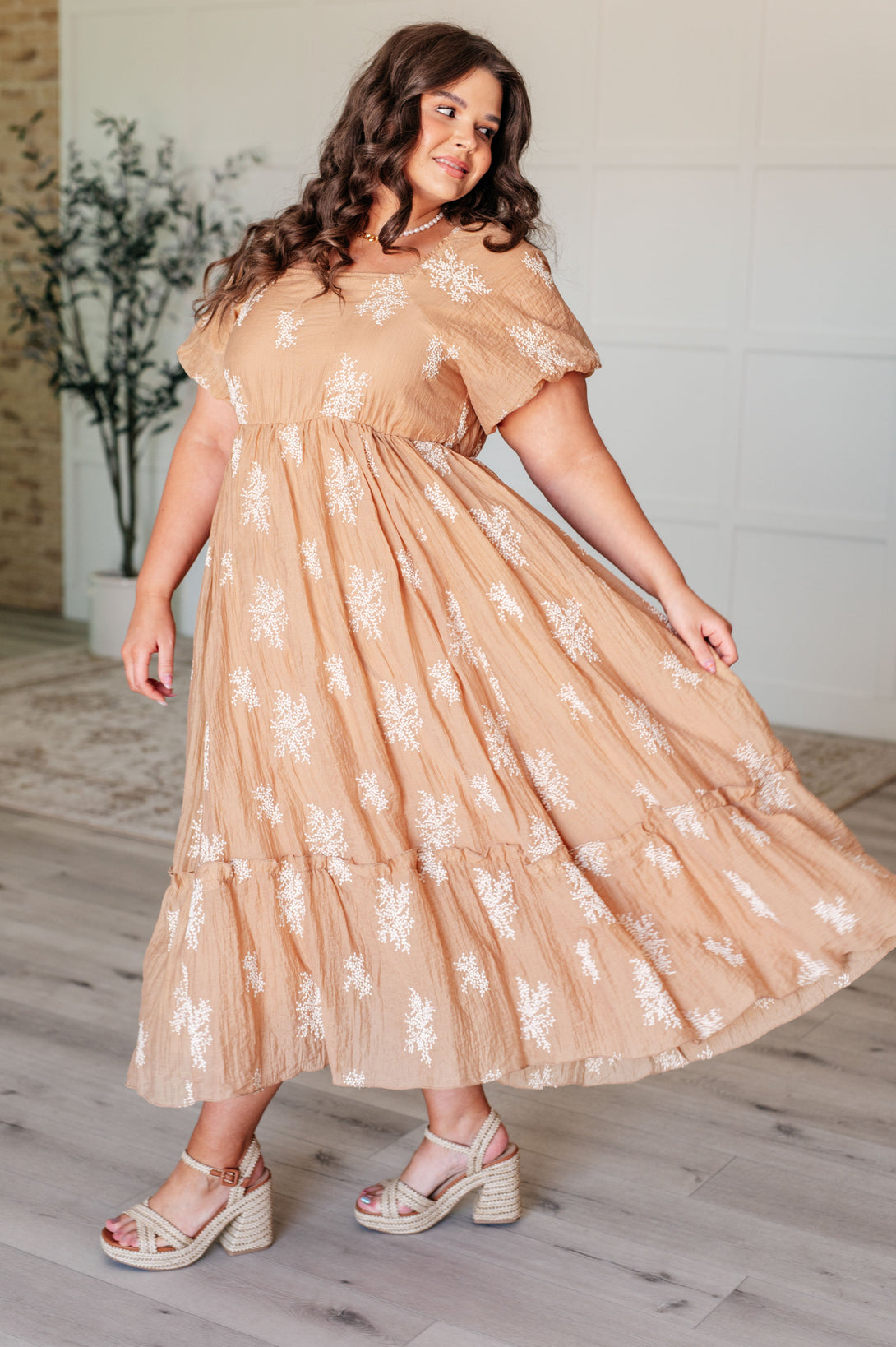 Trusting My Intuition Balloon Sleeve Dress in Camel - Lavish Fix