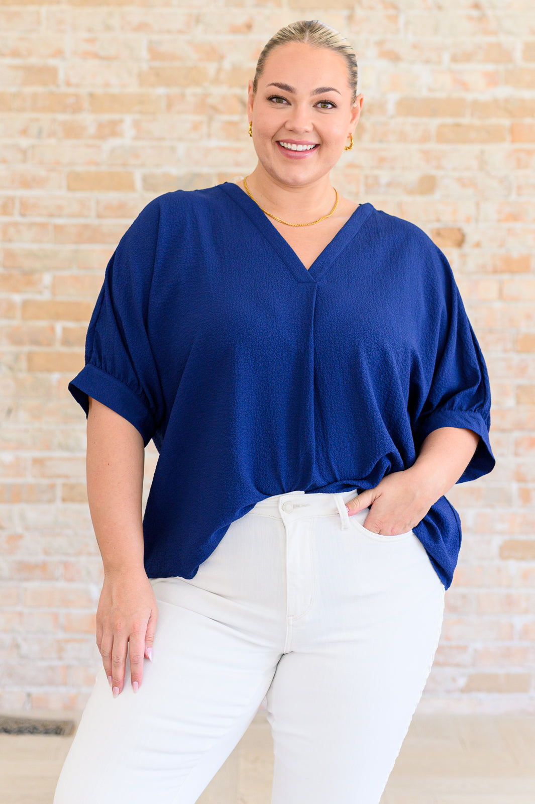 Up For Anything V-Neck Blouse in Navy - Lavish Fix