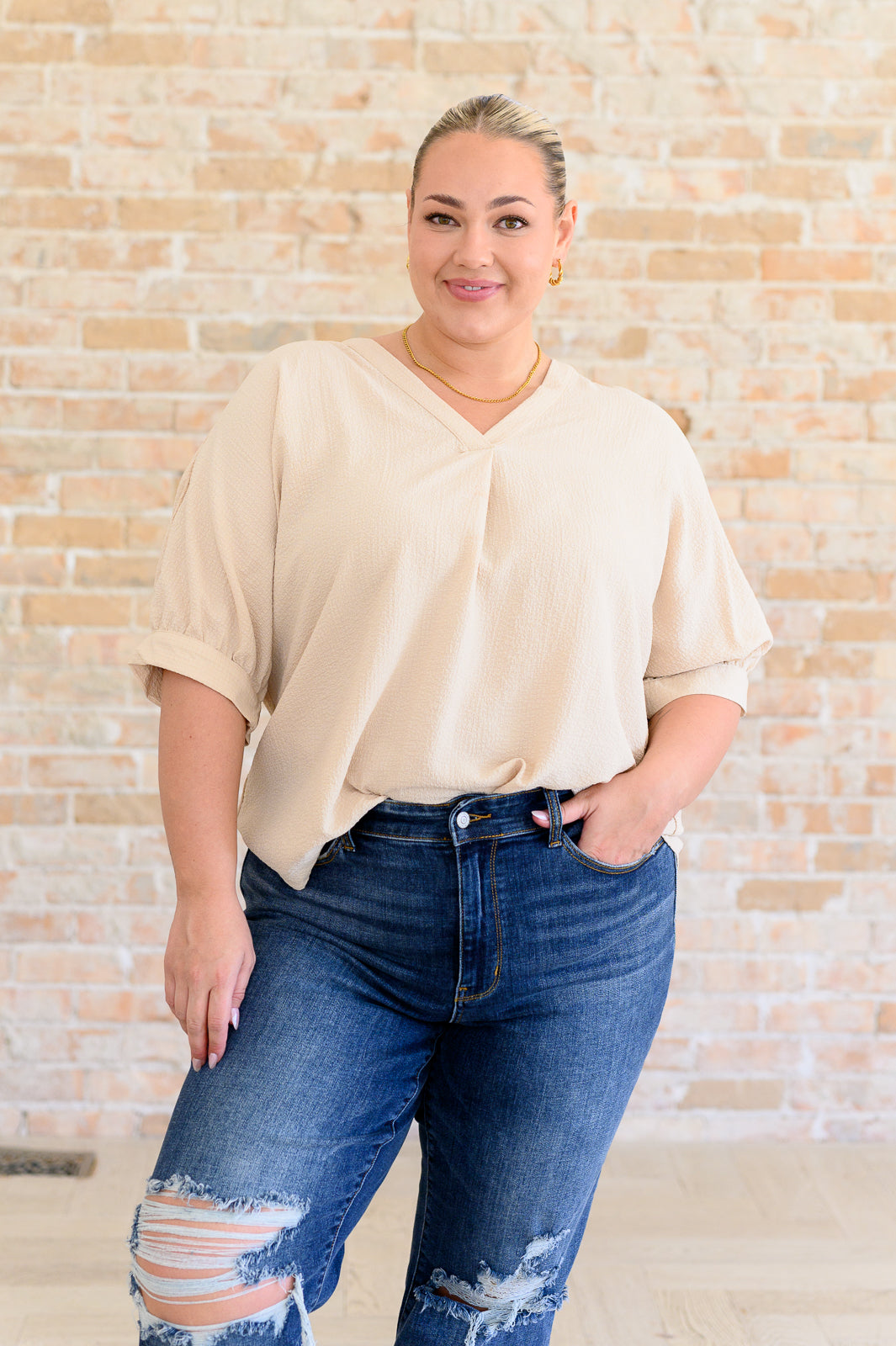 Up For Anything V-Neck Blouse in Taupe - Lavish Fix