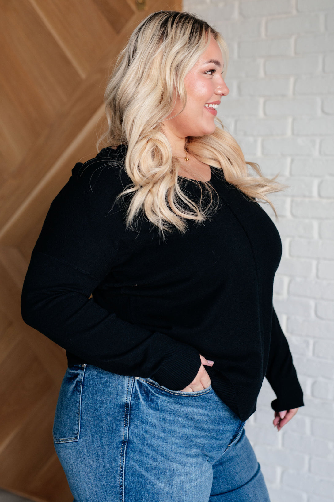 V-Neck Front Seam Sweater in Black - Lavish Fix