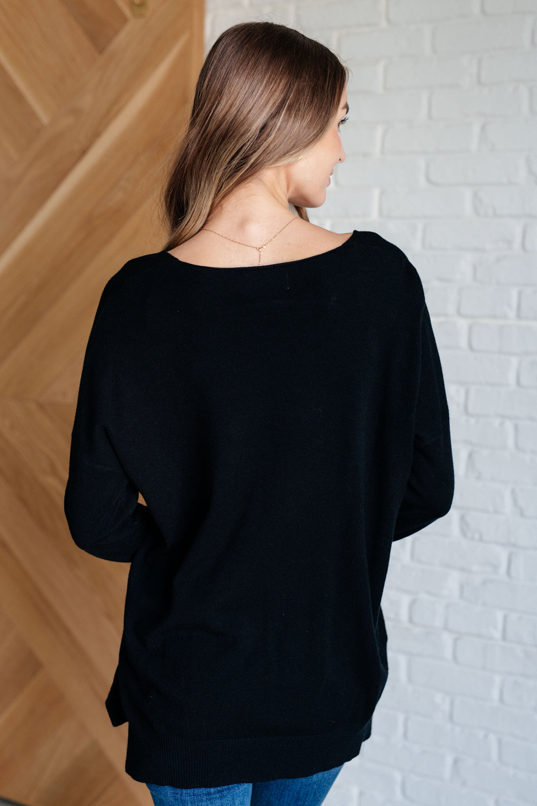 V-Neck Front Seam Sweater in Black - Lavish Fix