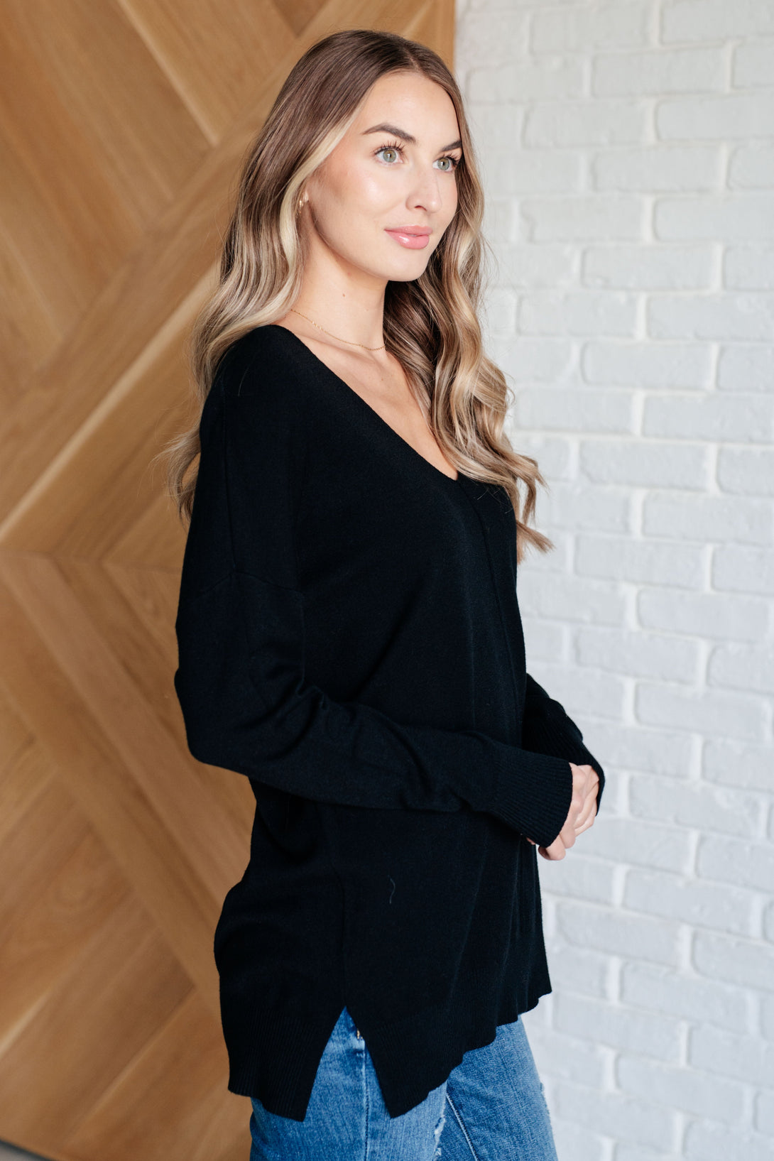 V-Neck Front Seam Sweater in Black - Lavish Fix