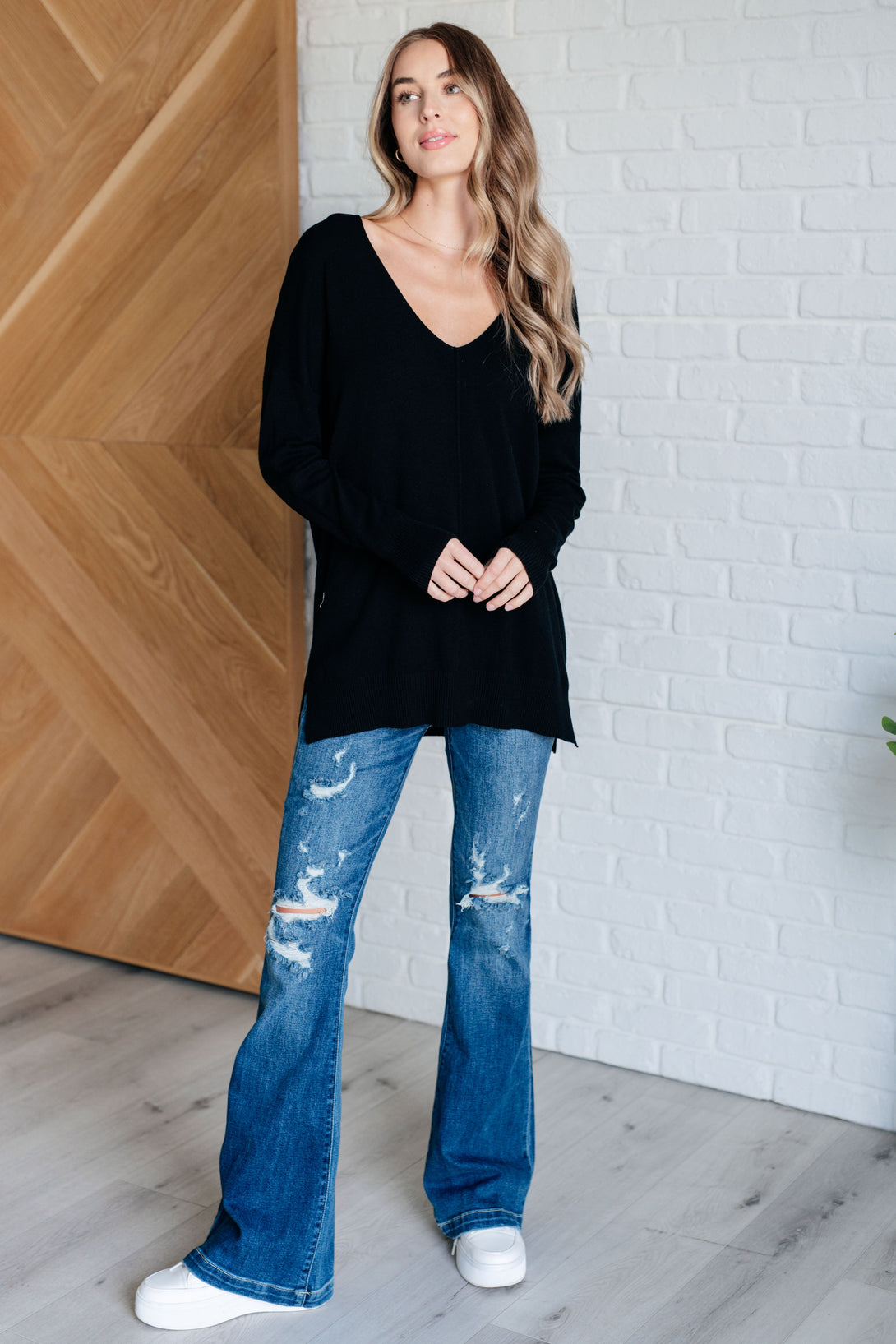 V-Neck Front Seam Sweater in Black - Lavish Fix