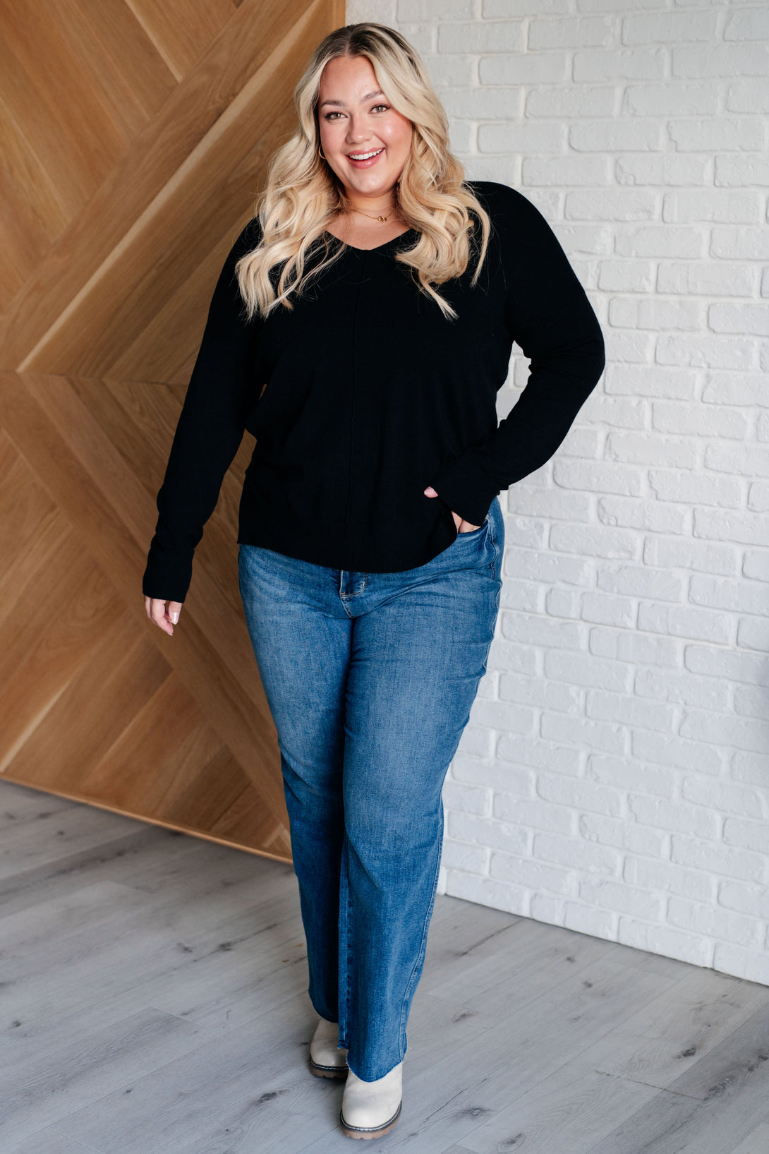 V-Neck Front Seam Sweater in Black - Lavish Fix