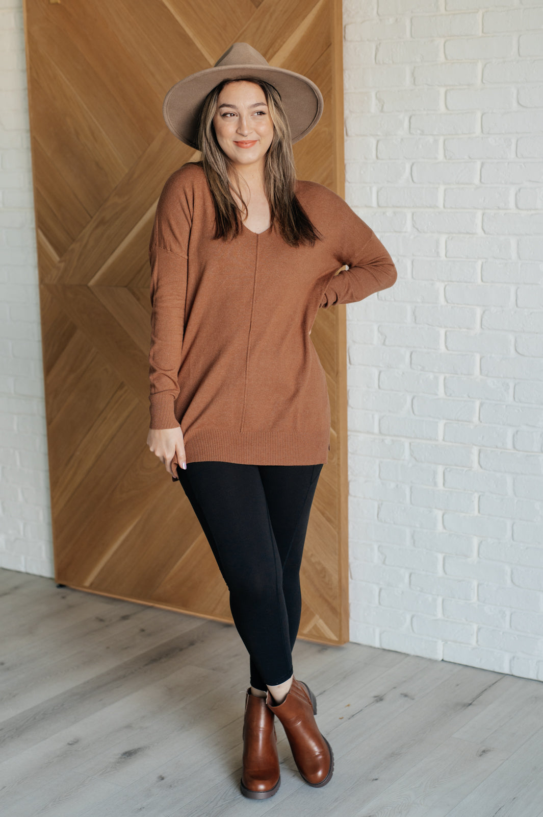 V-Neck Front Seam Sweater in Deep Camel - Lavish Fix