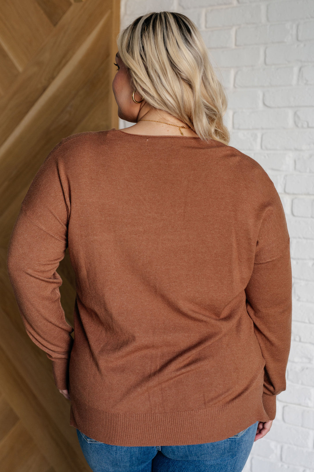 V-Neck Front Seam Sweater in Deep Camel - Lavish Fix