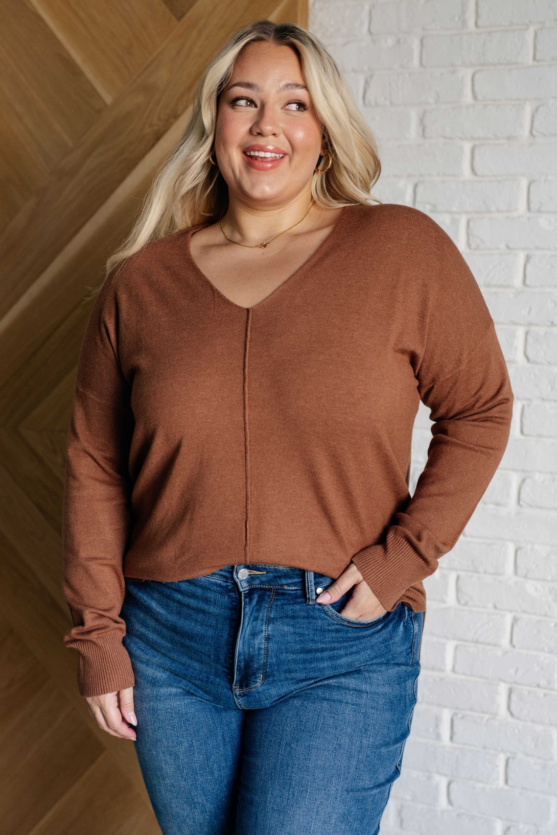 V-Neck Front Seam Sweater in Deep Camel - Lavish Fix