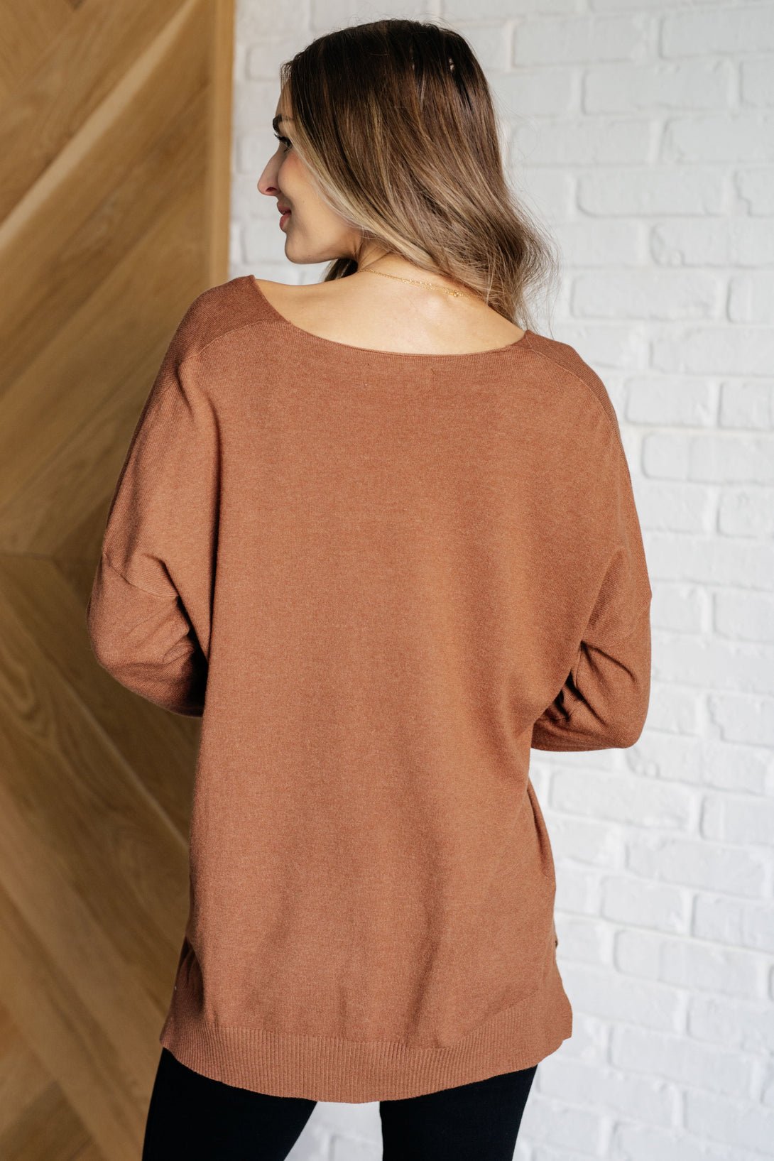 V-Neck Front Seam Sweater in Deep Camel - Lavish Fix