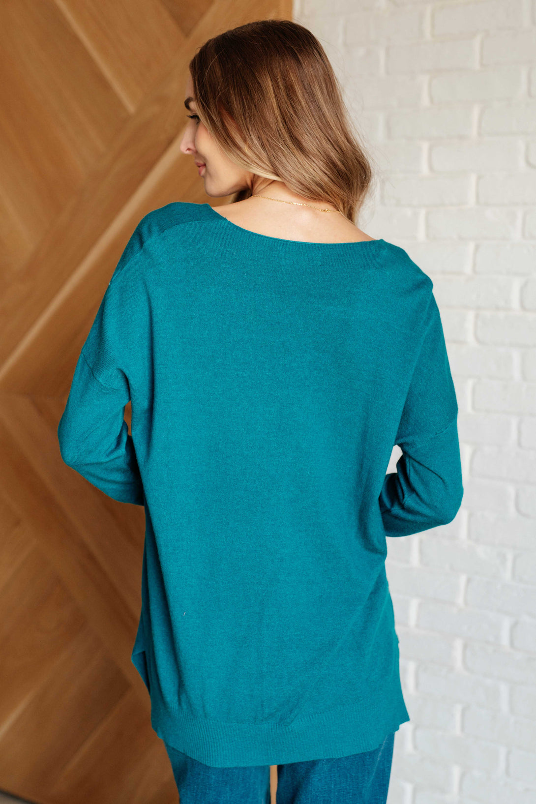 V-Neck Front Seam Sweater in Heather Ocean Teal - Lavish Fix