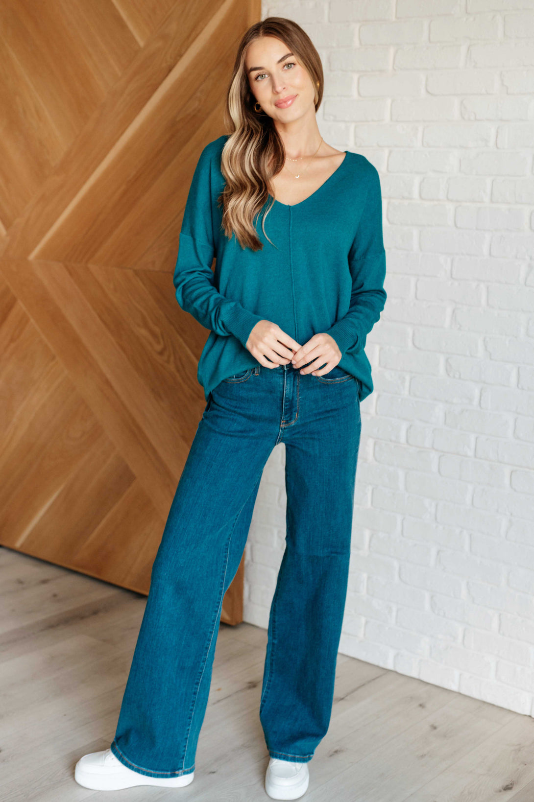 V-Neck Front Seam Sweater in Heather Ocean Teal - Lavish Fix