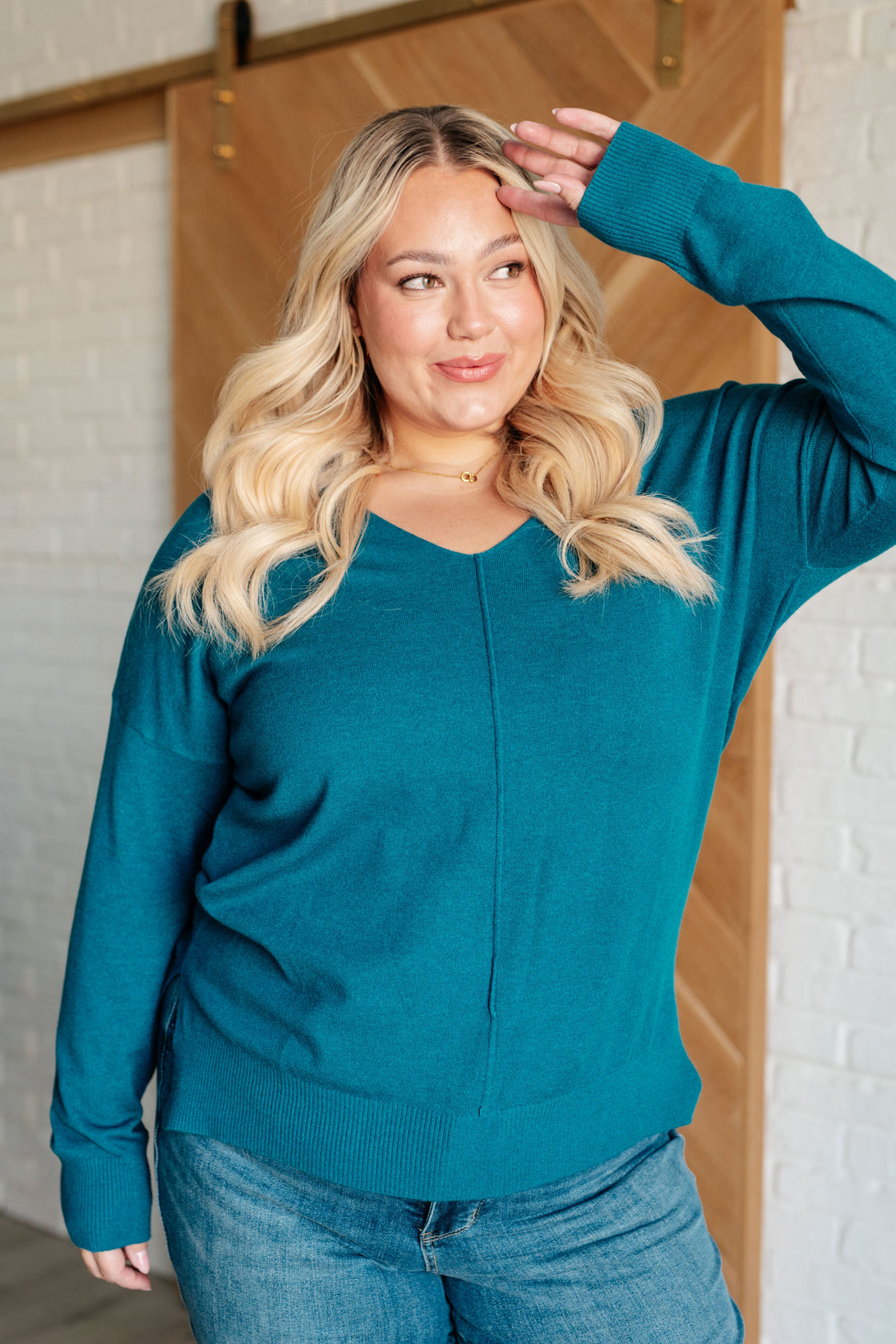 V-Neck Front Seam Sweater in Heather Ocean Teal - Lavish Fix