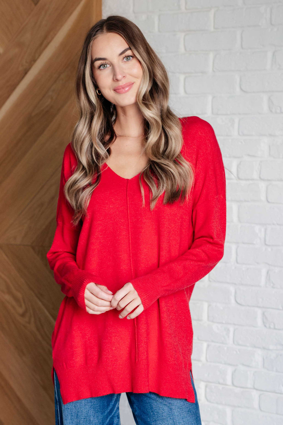 V-Neck Front Seam Sweater in Heather Red - Lavish Fix